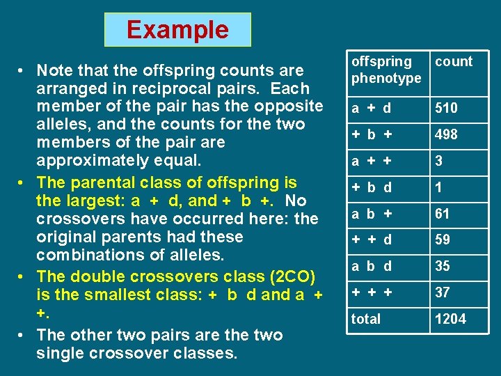 Example • Note that the offspring counts are arranged in reciprocal pairs. Each member