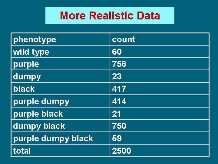 More Realistic Data phenotype wild type purple dumpy black purple dumpy purple black dumpy