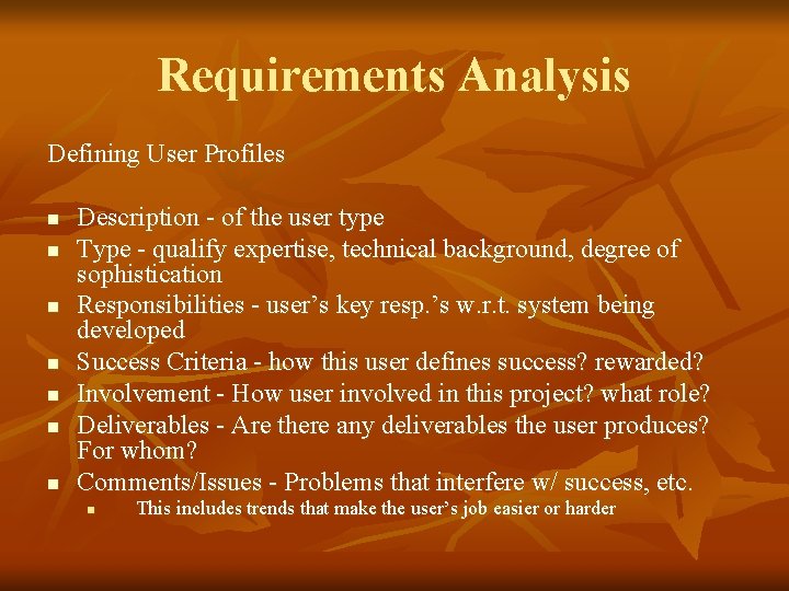 Requirements Analysis Defining User Profiles n n n n Description - of the user