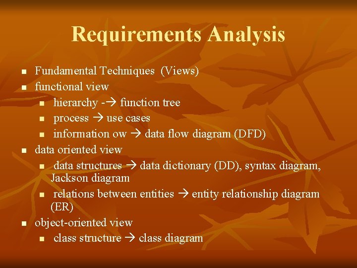 Requirements Analysis n n Fundamental Techniques (Views) functional view n hierarchy - function tree