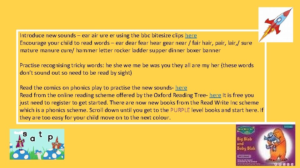 Introduce new sounds – ear air ure er using the bbc bitesize clips here
