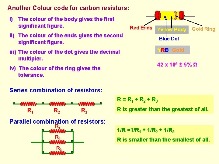 Another Colour code for carbon resistors: i) The colour of the body gives the