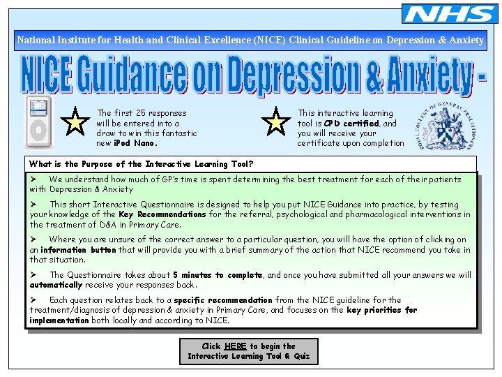 National Institute for Health and Clinical Excellence (NICE) Clinical Guideline on Depression & Anxiety