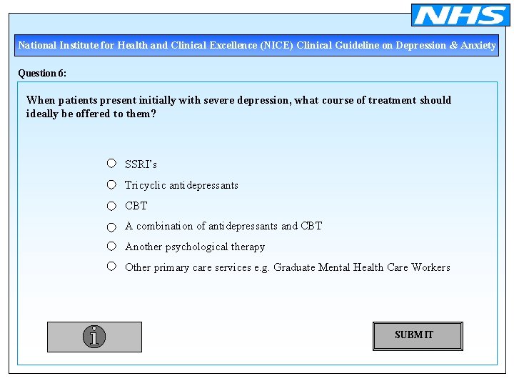 National Institute for Health and Clinical Excellence (NICE) Clinical Guideline on Depression & Anxiety