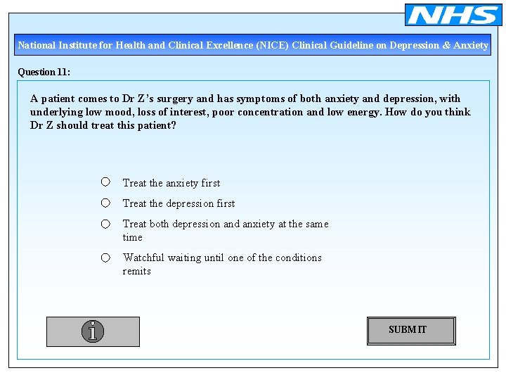 National Institute for Health and Clinical Excellence (NICE) Clinical Guideline on Depression & Anxiety