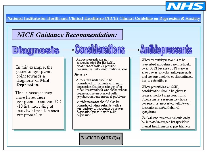 National Institute for Health and Clinical Excellence (NICE) Clinical Guideline on Depression & Anxiety