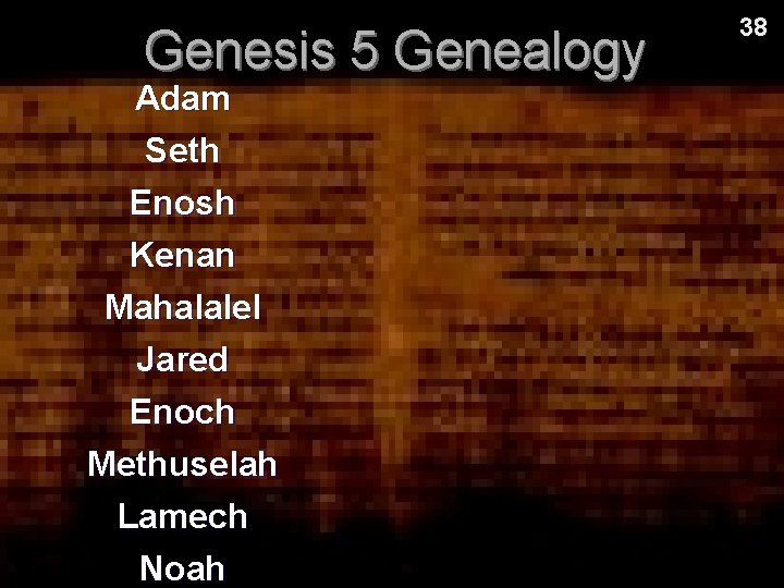 Genesis 5 Genealogy Adam Seth Enosh Kenan Mahalalel Jared Enoch Methuselah Lamech Noah 38