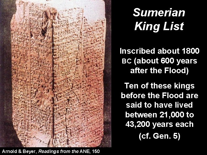 Sumerian King List Inscribed about 1800 BC (about 600 years after the Flood) Ten