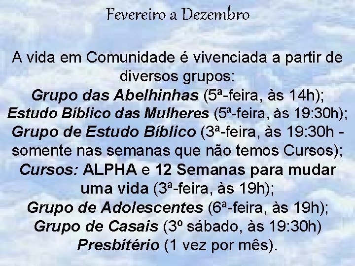 Fevereiro a Dezembro A vida em Comunidade é vivenciada a partir de diversos grupos: