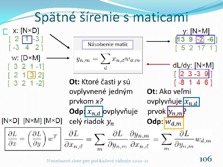 Spätné šírenie s maticami � Neurónové siete pre počítačové videnie 2020 -21 106 