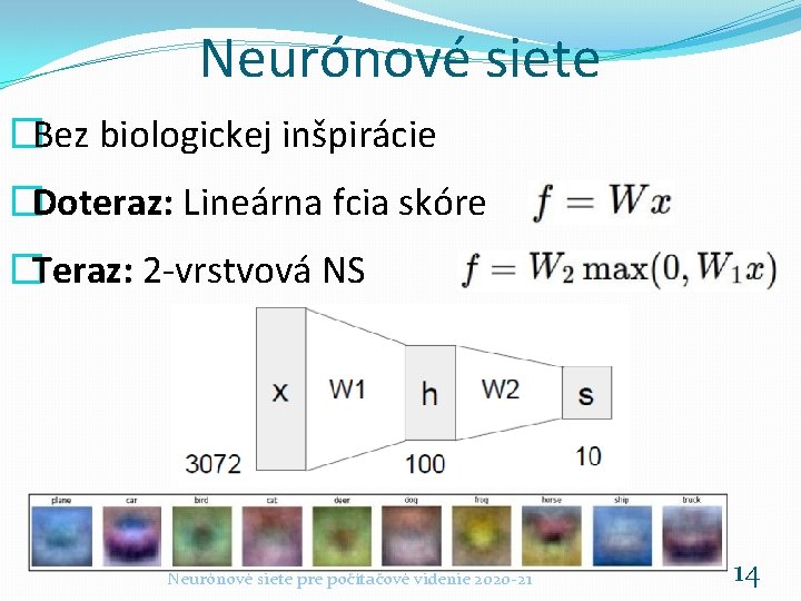 Neurónové siete �Bez biologickej inšpirácie �Doteraz: Lineárna fcia skóre �Teraz: 2 -vrstvová NS Neurónové