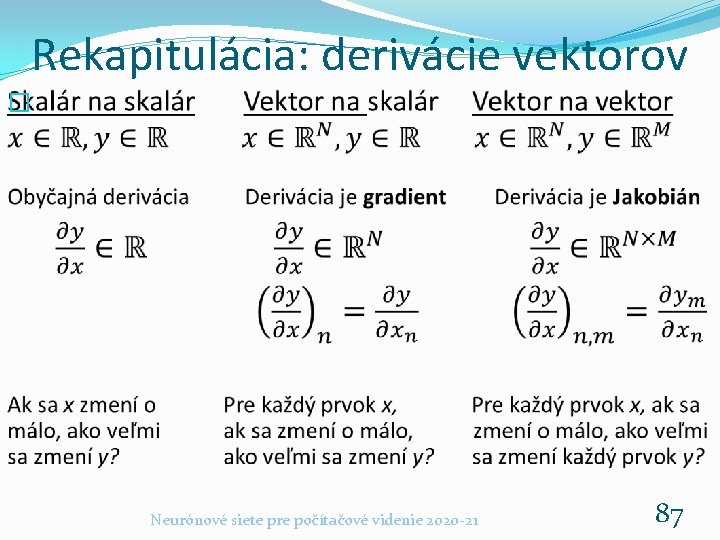 Rekapitulácia: derivácie vektorov � Neurónové siete pre počítačové videnie 2020 -21 87 