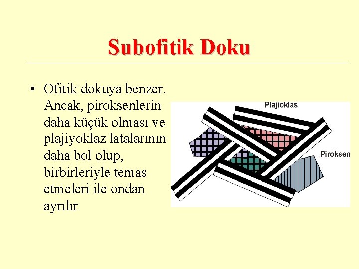 Subofitik Doku • Ofitik dokuya benzer. Ancak, piroksenlerin daha küçük olması ve plajiyoklaz latalarının