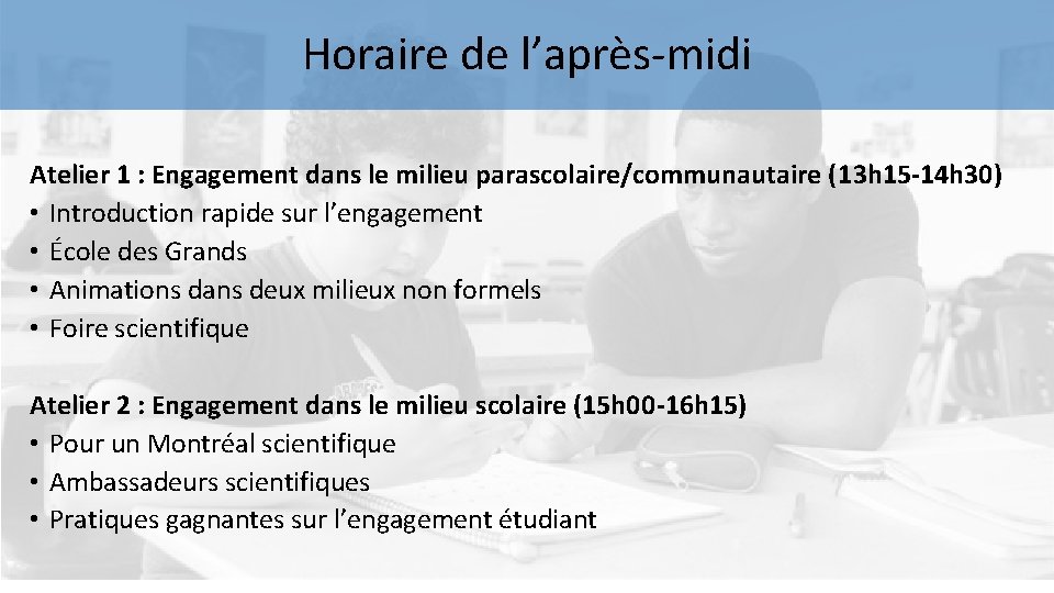 Horaire de l’après-midi Atelier 1 : Engagement dans le milieu parascolaire/communautaire (13 h 15