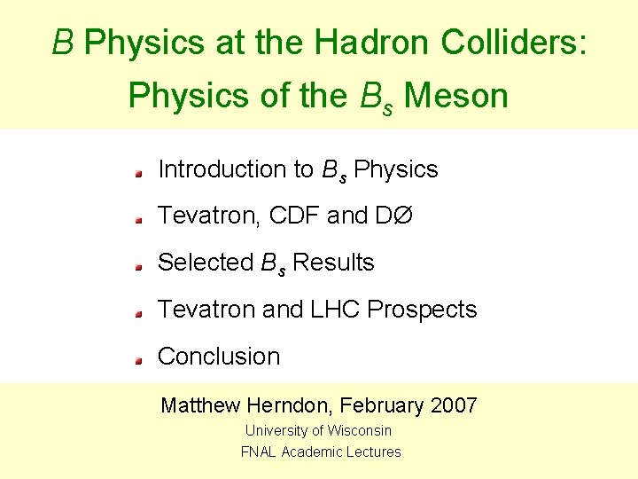 B Physics at the Hadron Colliders: Physics of the Bs Meson Introduction to Bs