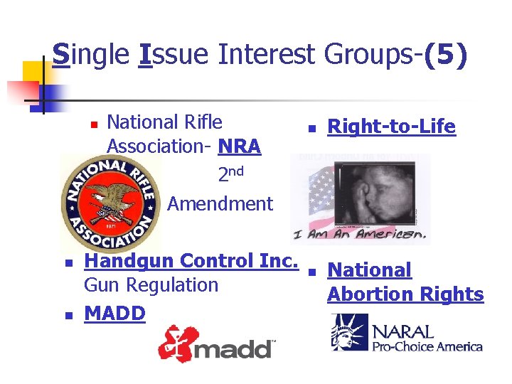 Single Issue Interest Groups-(5) n n n National Rifle Association- NRA 2 nd Amendment