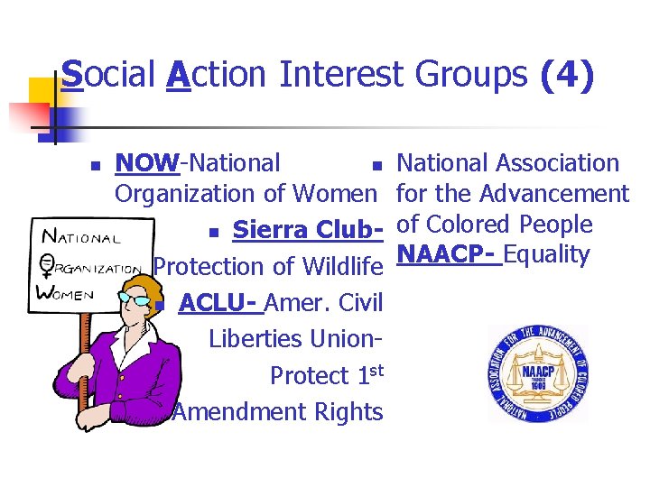 Social Action Interest Groups (4) n NOW-National n Organization of Women n Sierra Club.