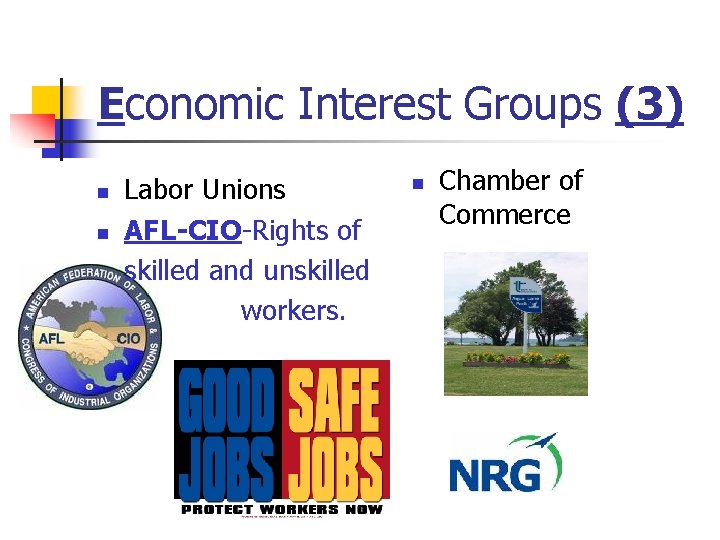 Economic Interest Groups (3) n n Labor Unions AFL-CIO-Rights of skilled and unskilled workers.