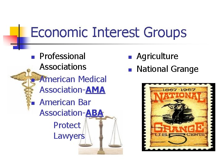 Economic Interest Groups n n n Professional Associations American Medical Association-AMA American Bar Association-ABA