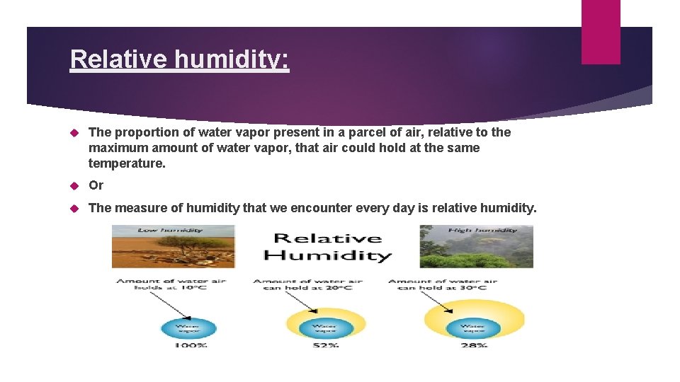 Relative humidity: The proportion of water vapor present in a parcel of air, relative