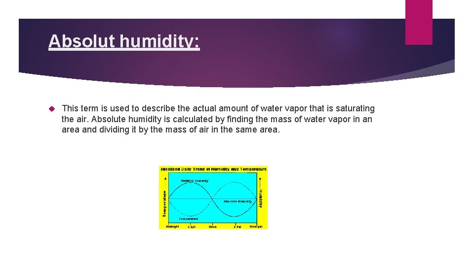 Absolut humidity: This term is used to describe the actual amount of water vapor