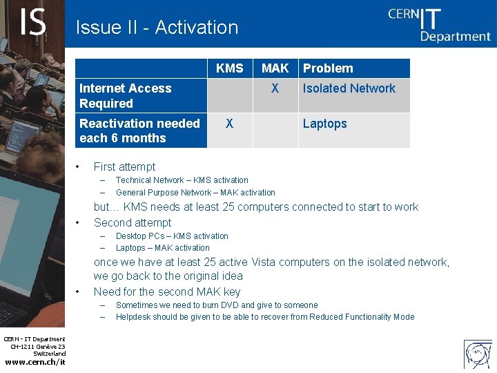 Issue II - Activation KMS Internet Access Required Reactivation needed each 6 months •