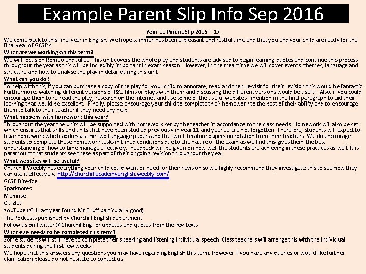 Example Parent Slip Info Sep 2016 Year 11 Parent Slip 2016 – 17 Welcome