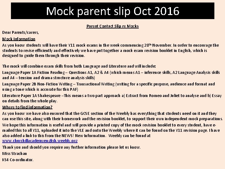 Mock parent slip Oct 2016 Parent Contact Slip re Mocks Dear Parents/carers, Mock Information