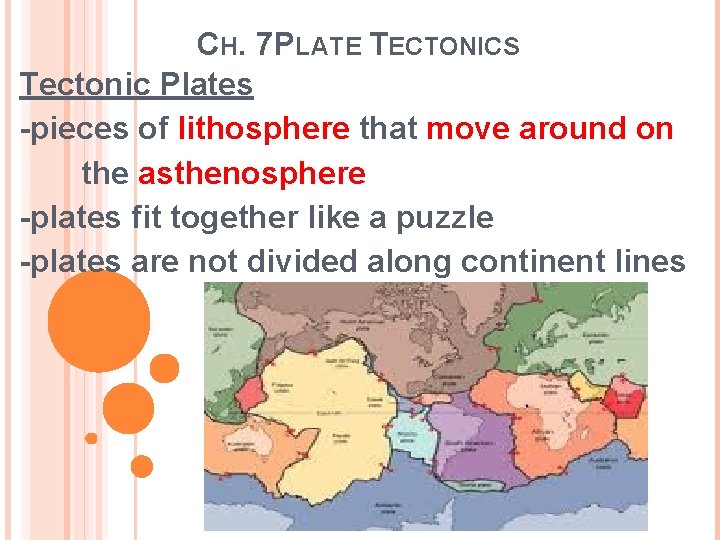 CH. 7 PLATE TECTONICS Tectonic Plates -pieces of lithosphere that move around on the