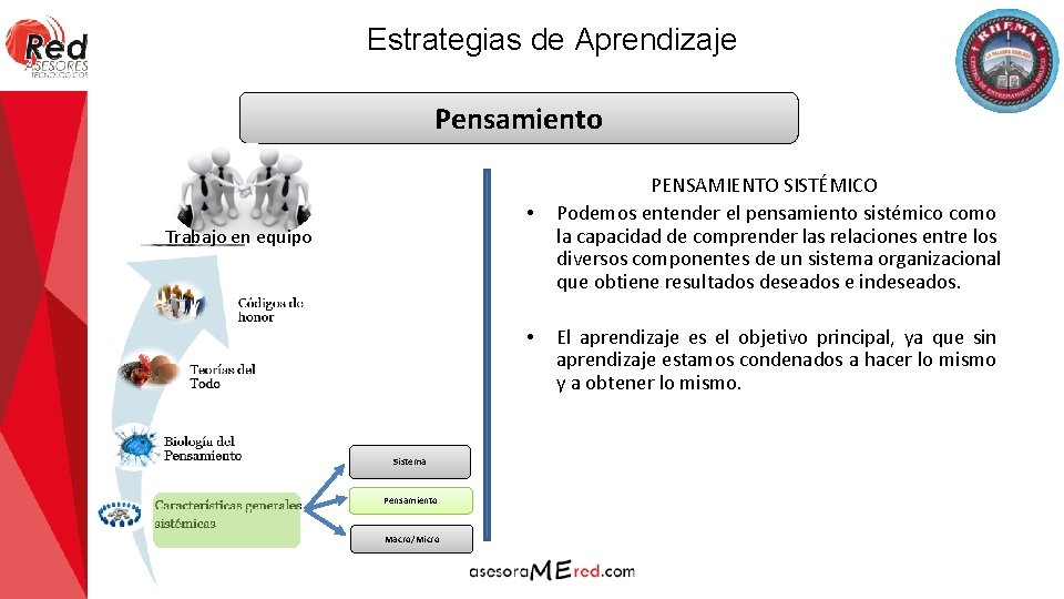 Estrategias de Aprendizaje Pensamiento • Trabajo en equipo • Sistema Pensamiento Macro/Micro PENSAMIENTO SISTÉMICO