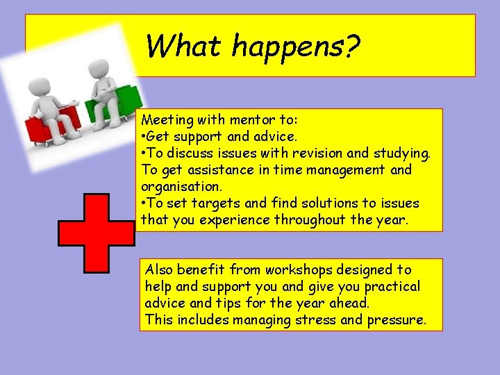 What happens? Meeting with mentor to: • Get support and advice. • To discuss