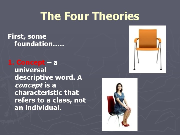 The Four Theories First, some foundation…. . 1. Concept – a universal descriptive word.