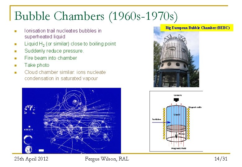 Bubble Chambers (1960 s-1970 s) n n n Ionisation trail nucleates bubbles in superheated