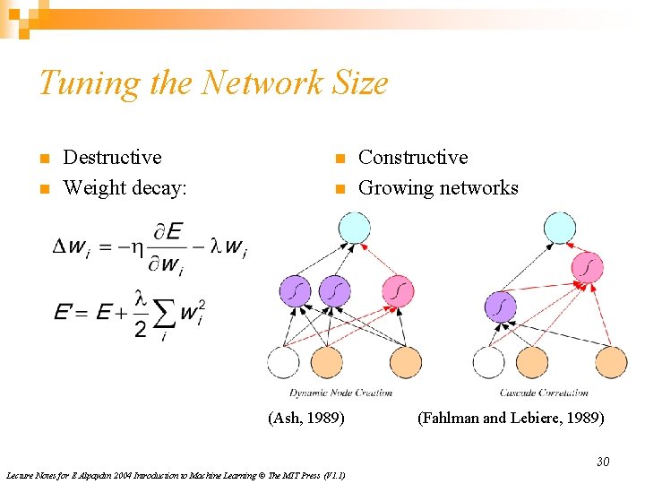 Tuning the Network Size n n Destructive Weight decay: n n (Ash, 1989) Constructive Tuning the Network Size n n Destructive Weight decay: n n (Ash, 1989) Constructive
