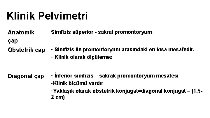 Klinik Pelvimetri Anatomik çap Simfizis süperior - sakral promontoryum Obstetrik çap • Simfizis ile Klinik Pelvimetri Anatomik çap Simfizis süperior - sakral promontoryum Obstetrik çap • Simfizis ile