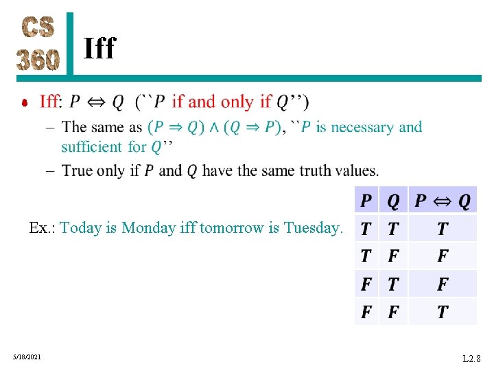 Iff • Ex. : Today is Monday iff tomorrow is Tuesday. 5/18/2021 L 2.