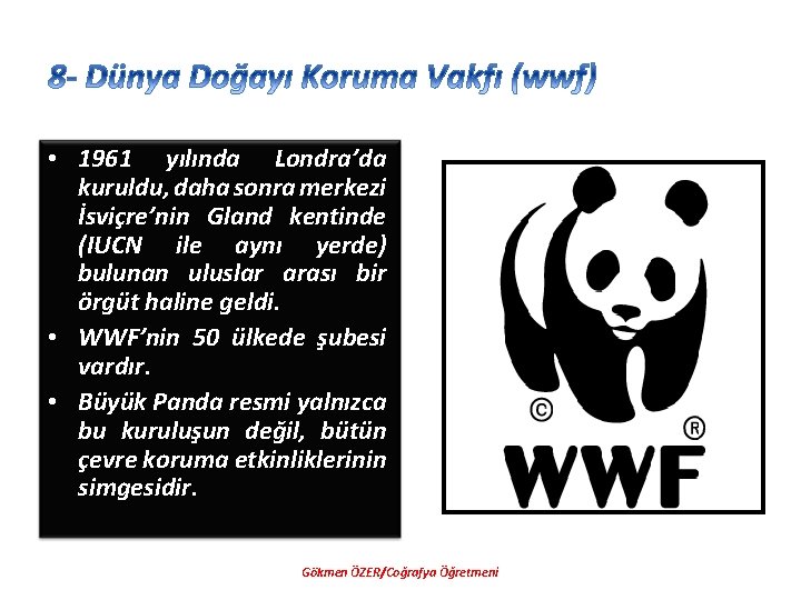  • 1961 yılında Londra’da kuruldu, daha sonra merkezi İsviçre’nin Gland kentinde (IUCN ile