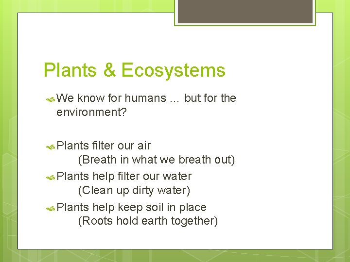 Plants & Ecosystems We know for humans … but for the environment? Plants filter