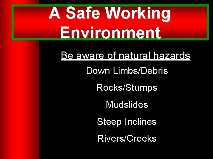 A Safe Working Environment Be aware of natural hazards Down Limbs/Debris Rocks/Stumps Mudslides Steep