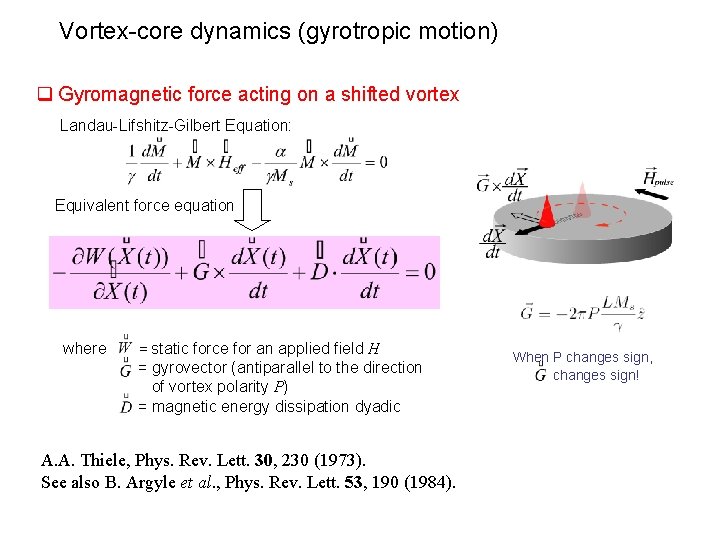 Vortex-core dynamics (gyrotropic motion) q Gyromagnetic force acting on a shifted vortex Landau-Lifshitz-Gilbert Equation: