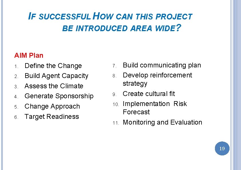 IF SUCCESSFUL HOW CAN THIS PROJECT BE INTRODUCED AREA WIDE? AIM Plan 1. Define