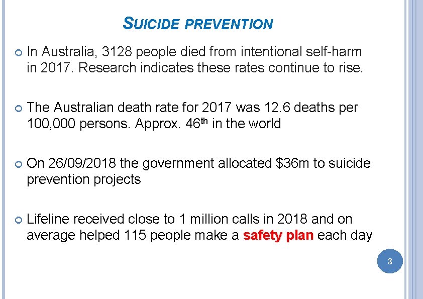 SUICIDE PREVENTION In Australia, 3128 people died from intentional self-harm in 2017. Research indicates