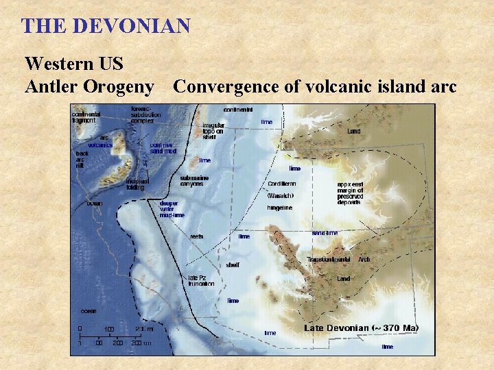 THE DEVONIAN Western US Antler Orogeny Convergence of volcanic island arc 