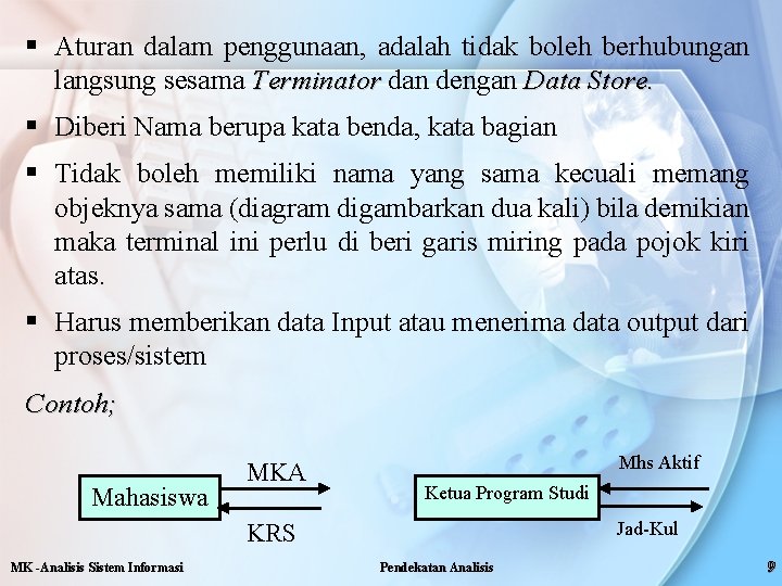 § Aturan dalam penggunaan, adalah tidak boleh berhubungan langsung sesama Terminator dan dengan Data § Aturan dalam penggunaan, adalah tidak boleh berhubungan langsung sesama Terminator dan dengan Data