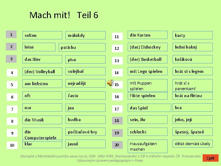 Mach mit! Teil 6 1 selten 2 leise 3 11 die Karten karty potichu