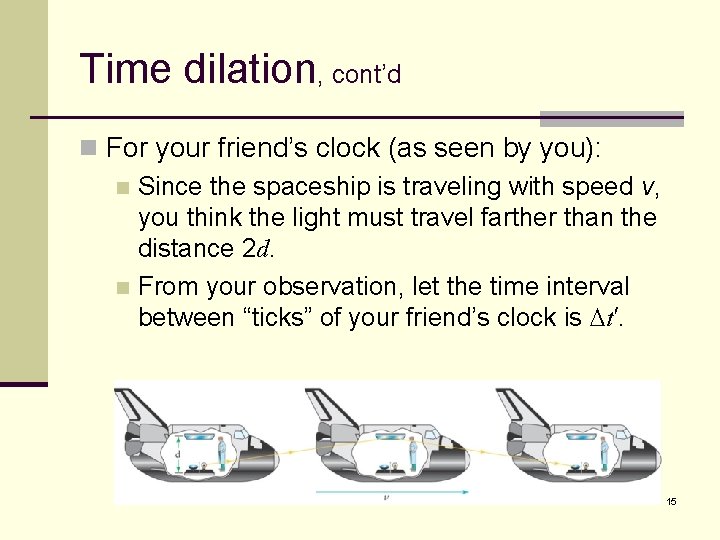 Time dilation, cont’d n For your friend’s clock (as seen by you): n Since