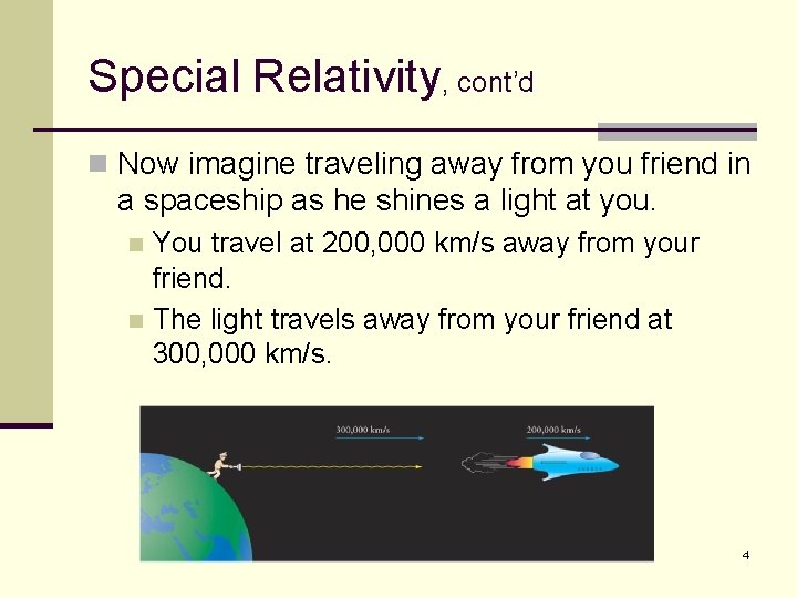 Special Relativity, cont’d n Now imagine traveling away from you friend in a spaceship