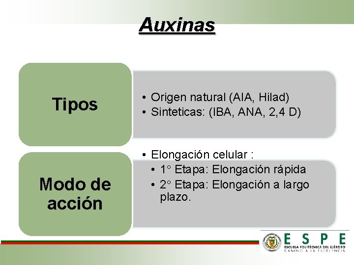 Auxinas Tipos Modo de acción • Origen natural (AIA, Hilad) • Sinteticas: (IBA, ANA,
