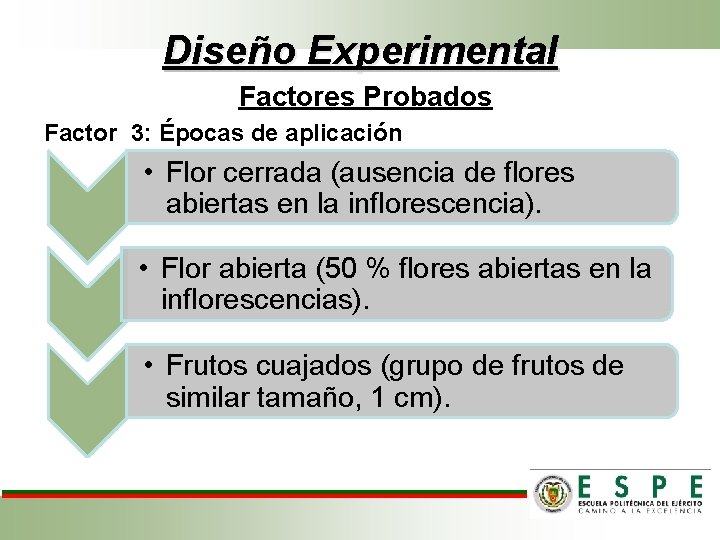 Diseño Experimental Factores Probados Factor 3: Épocas de aplicación • Flor cerrada (ausencia de