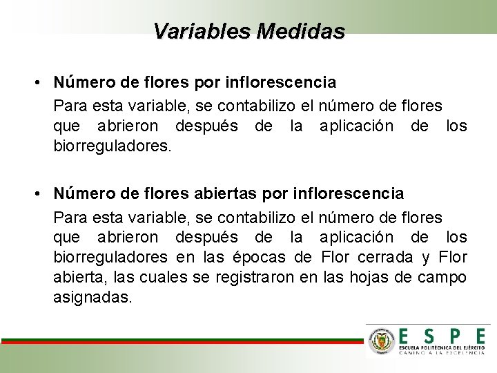 Variables Medidas • Número de flores por inflorescencia Para esta variable, se contabilizo el